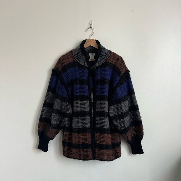 Vintage Sweaters - Vintage TJW Blue & Brown Stripe Sweater Jacket